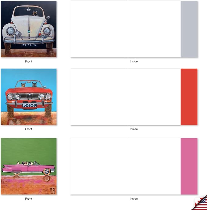 The Best Card Company - 10 All Occasion Blank Cat Cards (4 x 5.12 Inch) - Cute Assorted Bulk Card Set - Car Cats MQ4978OCB-B1x10
