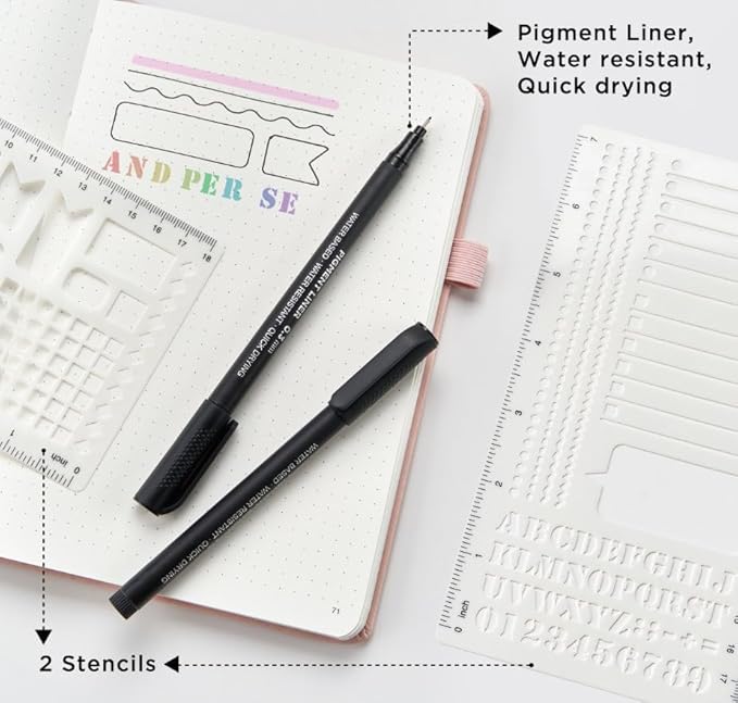 &And Per Se Bullet Dotted Journal Notebook, A5 Leather Hardcover, 176 Numbered Pages 100GSM Thick Dotted Paper, 2 Sheets of Stencils Included - 5.7'' x 8'' (Pink)
