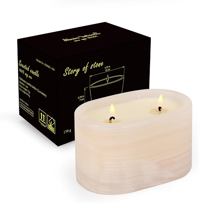 Scented Luxury Candles in Handmade Marble Container, Soy Wax | Large Candle | Non Toxic, 2 Wicks, Reusable Alabaster Stone Jar | Natural Spring Aromatherapy for Women & Men