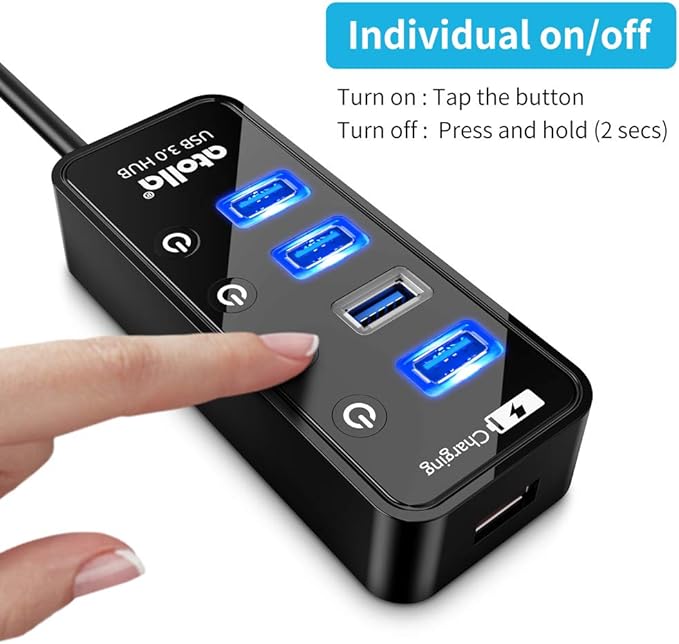 Atolla 4-Port USB 3.0 Hub with 4 Data Ports, 1 Smart Charging Port, Individual On/Off Switches and 5V/3A Adapter