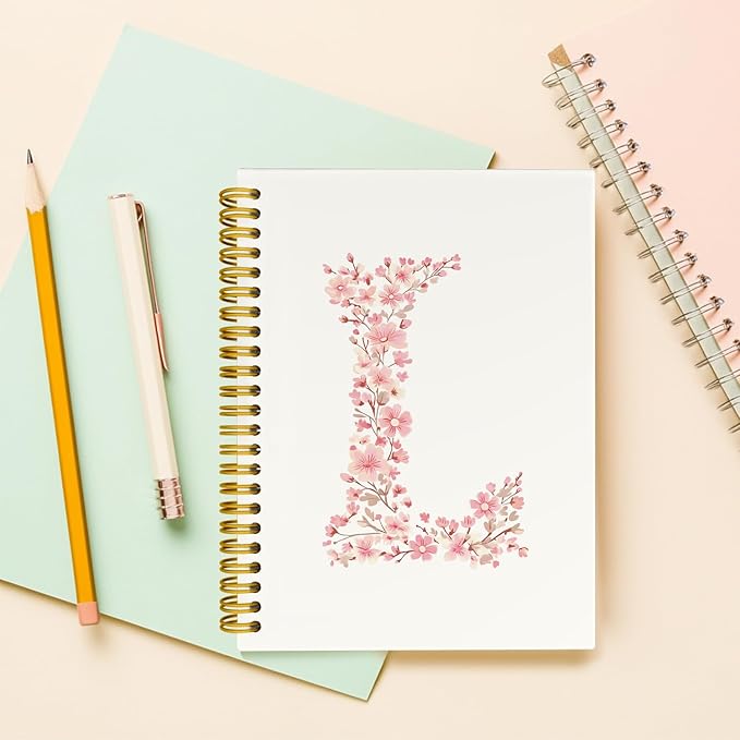 Pink Cute Spiral Notebook Journal, Preppy Floral Initial Letter L Personalized Journaling Notebooks, Monogrammed Gifts for Women Girls, Botanical Hardcover Spiral Lined Notebook 5.5 x 8.3