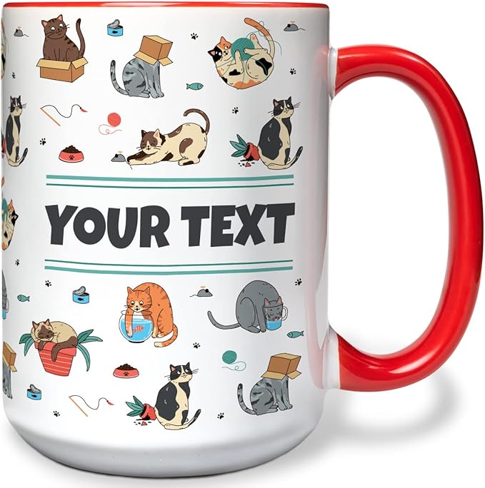 Personalized Mug for Kids - Cats - Custom Name/Text, Ceramic Hot Chocolate/Cocoa/Coffee Cup for Boys/Girls, Birthday/Christmas/Holiday Gift - 15 oz, White Handle