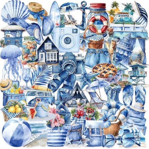50PCS Transparent Blue Beach Stickers Aesthetic PET Stickers Blue Ocean Decal Waterproof Decorative Decals for Scrapbook DIY Crafts Album Bullet Journal Planner Water Bottles Laptop Phone (Blue-A) by Unknown