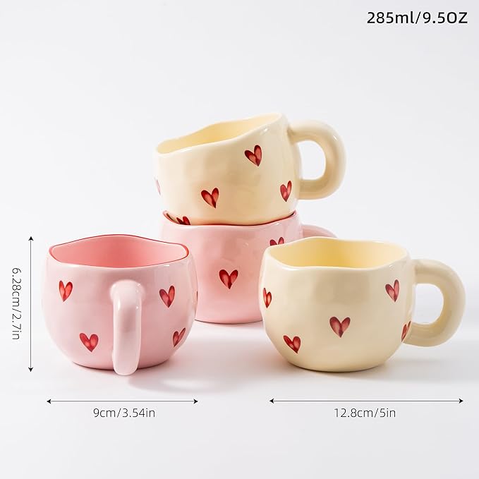 4pcs Cute Ceramic Coffee Mug, 9.4OZ Pink Yellow Porcelain Tea Mugs, Ceramic Hearts Cup Sets for Matcha, Dishwasher & Microwave Safe, Gift for women(Love)