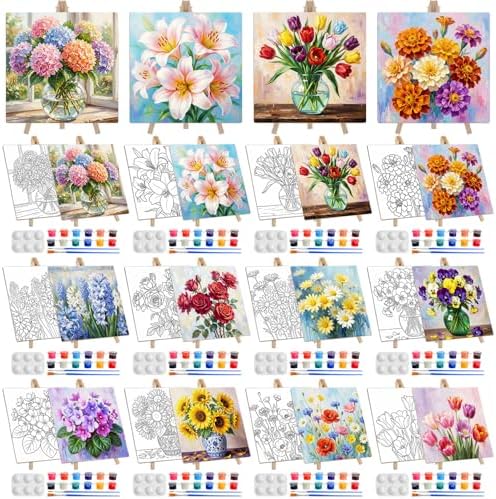 Supervitae 72 Piece Rustic Flowers Square Pre Drawn Canvas Kit 8" Paint and Sip Kit for Adults Painting Party Pre Printed Canvas DIY with Pictures Paints Easels Brushes for Party Gifts by Supervitae