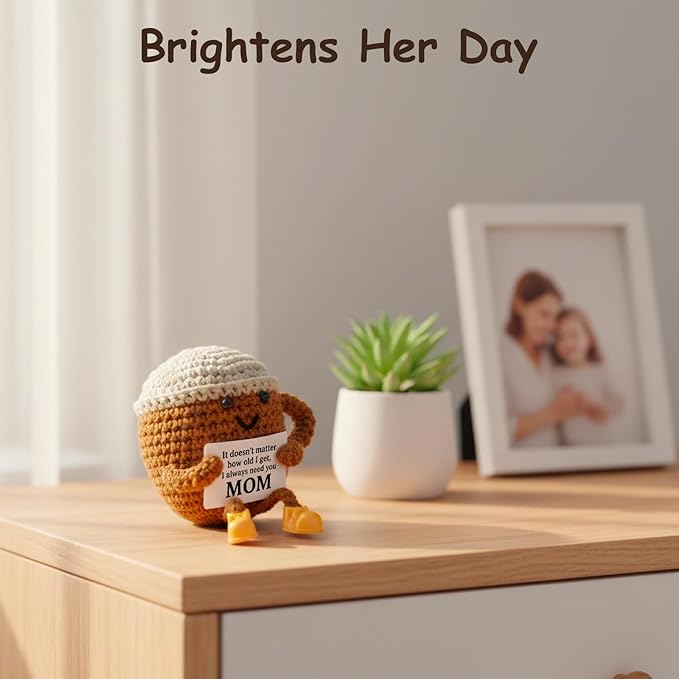 Christmas Birthday Gifts for Mom from Daughter Son Kids, Mothers Day Crochet Coffee Lover Gifts, Cute Funny Small Handmade Presents Meaningful Desk Decor