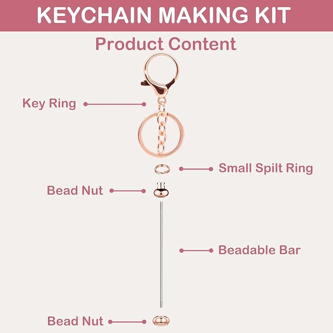 Eikovia 20 Pcs Keychain Making Kit,DIY Beadable Keychains Bulk Kit,Keychain Making Supplies for Crafts, Jewelry, Charms, DIY Projects, Blank Chain Beaded Keychains Design for Women Man,Rose Gold