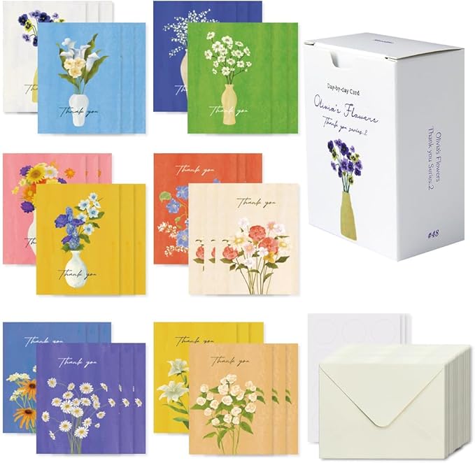 Monolike Day-by-day Card, Thank you - Olivia's Flowers Series.2 - Mix 36 Mini Single cards, 36 envelopes, 36 stickers Package