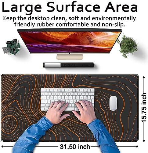 Black Desk Pad Large Gaming Moues Mat Minimalist Orange Topographic Map Desk Mat Extended XL Mousepad 31.5 x 15.7 in, with Anti-Slip Desk Pad Keyboard Stitched Edges Long Computer Keyboard Mouse Mat - Image 6