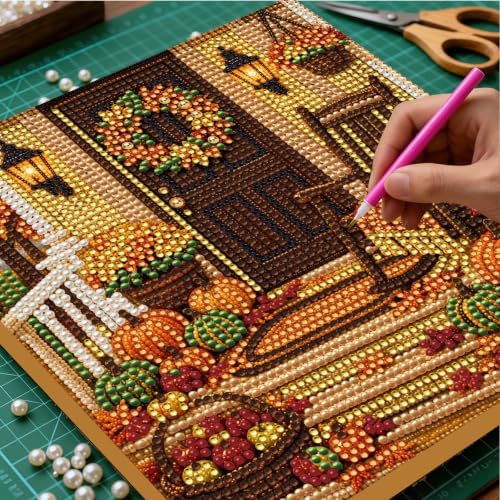 DIY Pearl Painting Kit for Adults, Autumn Porch Fall Art with Wood Frame, 20x20cm Self-Adhesive Pearl Diamond Craft, Autumn Wall Decor Gift for Women, Beginners Relaxing Hobby Kit - Image 2