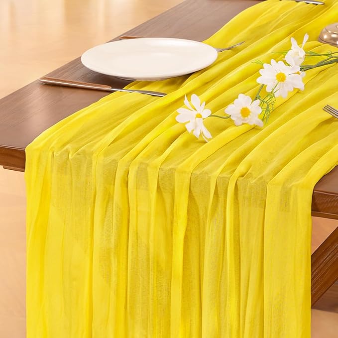Socomi Yellow Cheesecloth Spring Table Runner Boho Rustic Gauze 120 inch 10FT Cheese Cloth Runner for Wedding Party Baby Shower Birthday Home Decor
