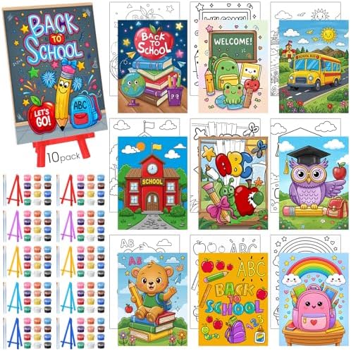 Blosssound 10 Set Back to School Pre Printed Canvas Pre Drawn Canvas Painting with Easel Kits 5" x 7" Outline Painting Panels for Beginners, DIY Craft Project, Party Favor, Home Decors by Blosssound