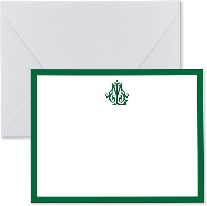 Chic Interlocking 2 Letter Monogram Note Card and Envelope Stationery Set, Classic Monogrammed Personalized Stationary in Choice of Set Size and Colors (Monogram with Solid Color Border)