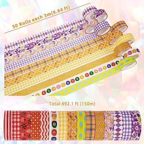 emmoolife 50 Rolls Washi Tape Set, 15mm Wide Rainbow Colored Tape Aesthetic Design Masking Decorative Tape for Scrapbooking Supplies, Bullet Journaling, Junk Journal, Wrapping Planners, DIY Arts Craft - Image 3
