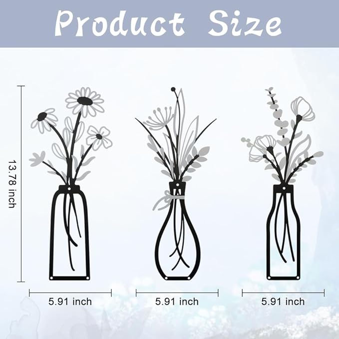 Bochino 3 PCS Metal Flowers Wall Arts, Rustic Farmhouse Decor Minimalist Flower Wall Decors for Living Room Bathroom Bedroom Dining Room Kitchen, Perfect Housewarming Gifts (N-Blue Gray)