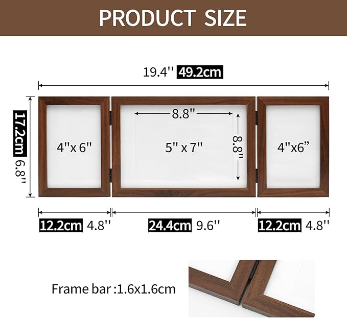 Hinged 3 Picture Frame 4x6 & 5x7 Folding Collage Photo Frames Multiple Wooden Desk Picture Frames with Mat for Office Tabletop or Wall Decor, Brown