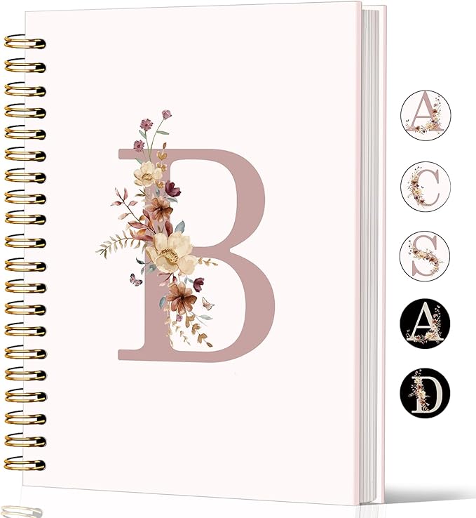 Lacama Pink Initial Letter B Notebook, Aesthetic Wildflower Personalized Journal Spiral Notebook, Customized Monogrammed Gifts, Birthday Gifts for Women, School Supplies, Office Supplies 5.5x8.3