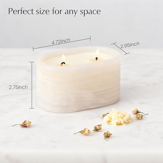 Scented Luxury Candles in Handmade Marble Container, Soy Wax | Large Candle | Non Toxic, 2 Wicks, Reusable Alabaster Stone Jar | Natural Spring Aromatherapy for Women & Men