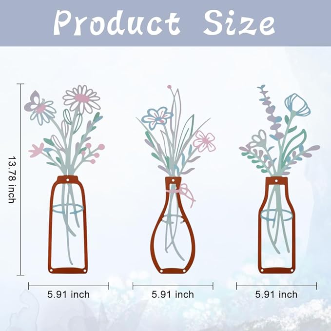 Bochino 3 PCS Metal Flowers Wall Arts, Rustic Farmhouse Decor Minimalist Flower Wall Decors for Living Room Bathroom Bedroom Dining Room Kitchen, Perfect Housewarming Gifts (L-Blue Pink)