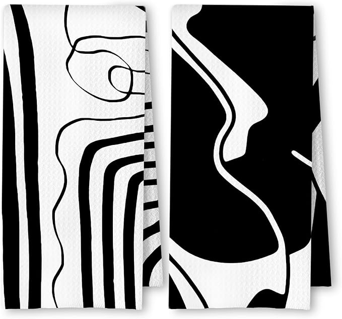 Abstract Black and White Kitchen Towels Set of 2, Modern Minimalist Wavy Line Art Dish Tea Towels for Kitchen, Contemporary Decor Hand Towels for Bathroom, 16x24 Inches