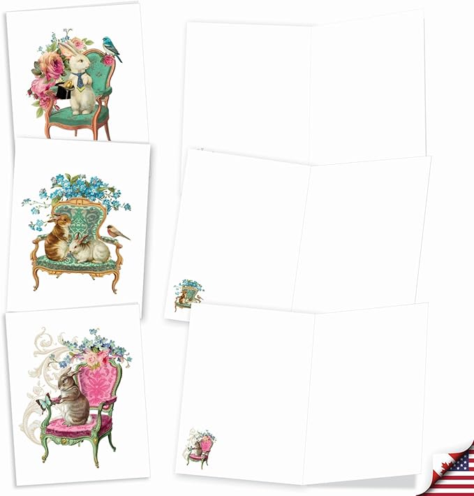 The Best Card Company - 20 Blank Note Cards with Envelopes (4 x 5.12 Inch) - All Occasion Animal Card Assortment (10 Designs, 2 Each) - Victorian Blooms and Bunnies AM3513OCB-B2x10