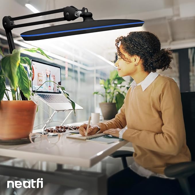 Neatfi XL 2,200 Lumens LED Task Lamp, 24W, 117 SMD LEDs, 23-Inch Ultra-Wide, 4 Brightness Levels, 3 Light Modes, Dimmable, Eye-Caring, Glare-Free (CCT with Clamp, Black)
