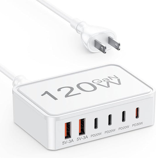 120W USB C Charger Block, 6 Port USB Charging Station for Multiple Devices, 5FT Desktop Multi Charging Hub Compatible with iPhone Samsung ipad, for Travel Home Office