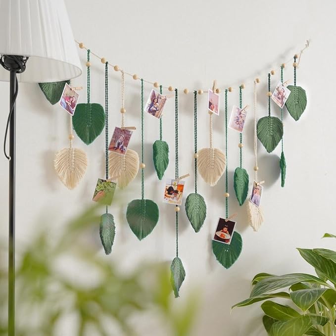 Avoik Macrame Woven Wall Hanging Tapestry Boho Chic Home Decor Woven Green Leaf Large Tapestry Wall Art Decor Handmade Feather for Bedroom Living Room Apartment Hanging Decorations, 47x29 inch