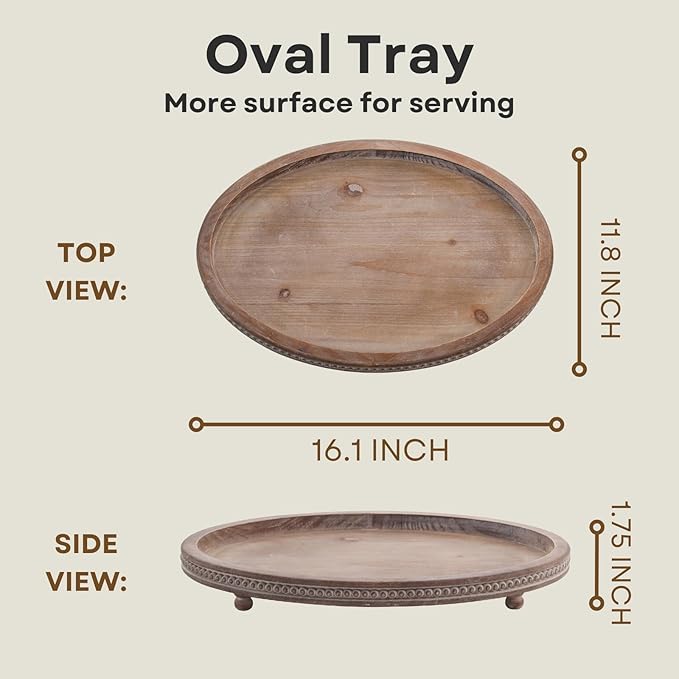 Decorative Tray, Oval Wooden Tray for Coffee Table Decor Kitchen Dinning Table Entryway, Small Beaded Tray for Holidays, Distressed Brown