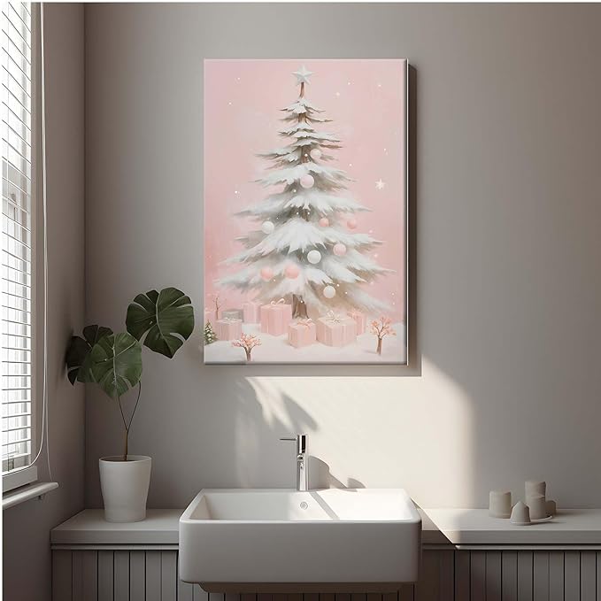 Canvas Wall Art Pink Christmas Tree Wall Art Print Holiday Poster Trendy Christmas Decor 12x18in-UnFramed