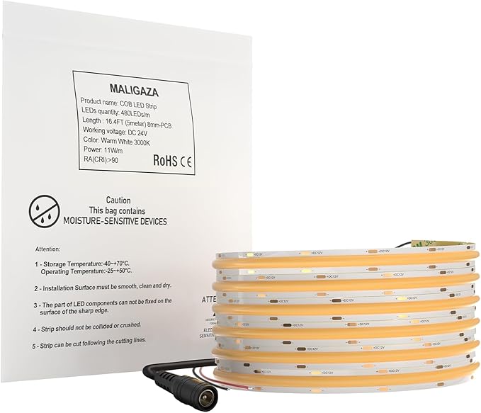 24V 2700K COB LED Strip Light Warm Yellow Color, 16.4FT CRI 90, 2400LEDs High Bright LED Ribbon Light Tape for House Ceiling Bedroom Decor (DC24V, Wihtout Power Supply)