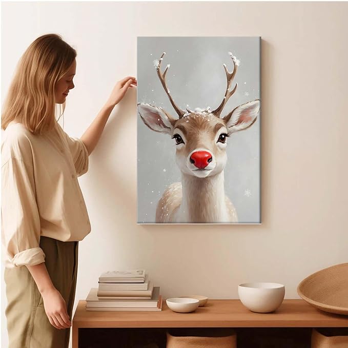 Framed Canvas Wall Art Red Nosed Reindeer Christmas Farmhouse Mantle Canvas Wall Art Print Farmhouse Christmas Poster 8x12in Wood Framed