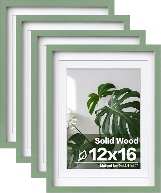 Egofine 12x16 Picture Frames 4PCS Covered by Plexiglass, Made of Solid Wood, Display Pictures 9x12 and 11x14 with Mat or 12x16 Without Mat for Table Top and Wall Mounting, Green