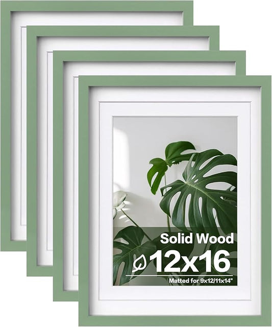 Egofine 12x16 Picture Frames 4PCS Covered by Plexiglass, Made of Solid Wood, Display Pictures 9x12 and 11x14 with Mat or 12x16 Without Mat for Table Top and Wall Mounting, Green