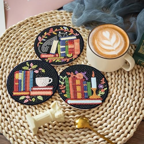 8 Pcs Bookshelf Diamond Art Coasters Kit - DIY 5D Small Diamond Painting Coasters with Holder, Mini Diamonds Arts Kits for Adults Coaster, Gem Art Arts and Crafts for Adults - Image 6