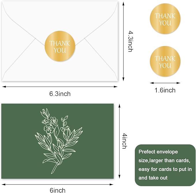 Whaline 40 Pack Green Floral Greeting Cards Gradient Color Botanical Thank You Card Flower Leaves Blank Note Cards with Envelopes Stickers for Wedding Birthday