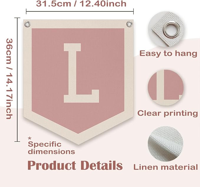 Lacama Baby Shower Decor Gifts, Pink Initial Personalized Preppy Banner, Baby Girl Nursery Decor, Initial Pennant，Vintage Room Decor Toddler Room Bedroom Playroom Front Door Birthday Gift(L)