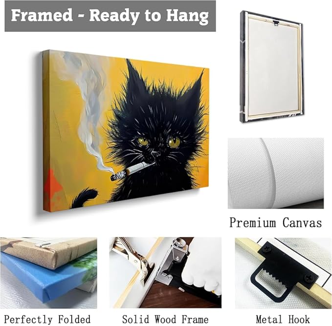 Black Cat Painting, Cat Smoking A Cigarette, Cat Wall Art, Black Long Hair Cat Print,Cat Print, Cat Portrait, Unique Gift, Black Kitten Painting,Cat Lover Room Decor, Cat House Decor20x30 Framed