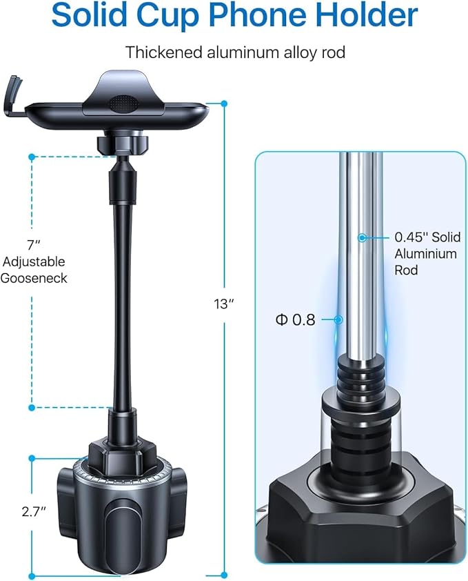 andobil Military-Grade Cup Phone Holder for Car/Truck, [2025 Enhanced] 13" 360° Adjustable Gooseneck w/Anti-Shake Car Mount, Universal Car Phone Holder for iPhone/Samsung/Pixel All 4.0-7.0" Devices