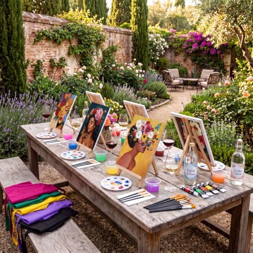 Cholemy 6 Set Paint and Sip Kit for Adults 8"x 10" Pre Drawn Canvas Painting with Wooden Easel Acrylic Paint Wash Cup Brushes Palette Apron for Painting DIY Adult's Date Party Supplies(Flower Lady) - Image 2