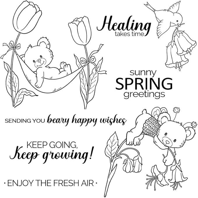 Spring Flower Bear Stamps and Cutting Dies for Card Making DIY Transparent Silicone Clear Stamp and Metal Die Cuts Sets for Scrapbooking Paper Greeting Cards Decor Seals Craft Supplies