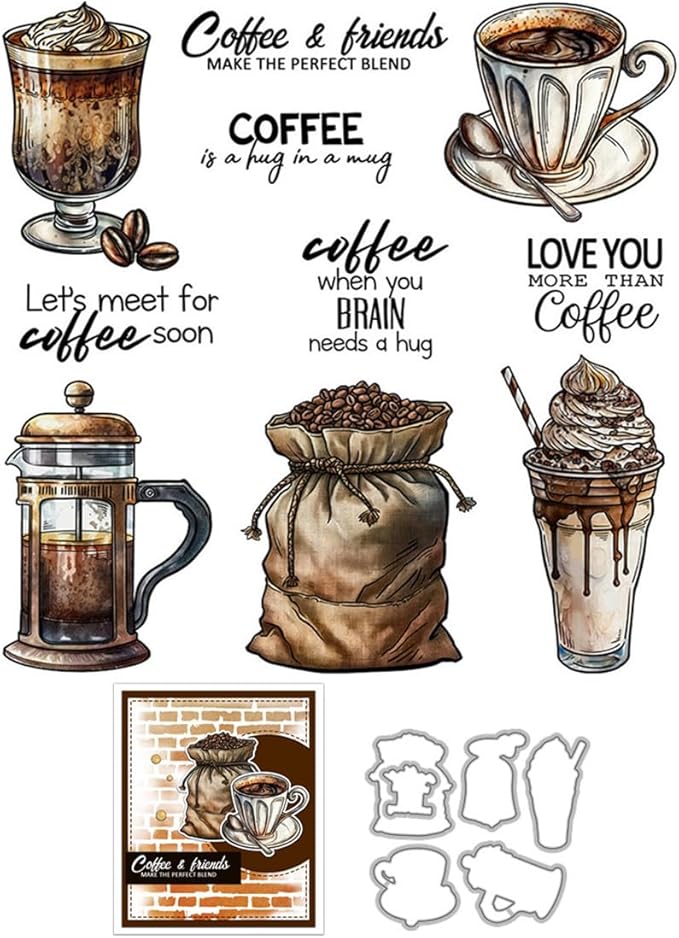 Coffee Beans Cup Stamps and Cutting Dies for Card Making DIY Transparent Silicone Clear Stamp and Metal Die Cuts Sets for Scrapbooking Paper Greeting Cards Decor Seals Craft Supplies