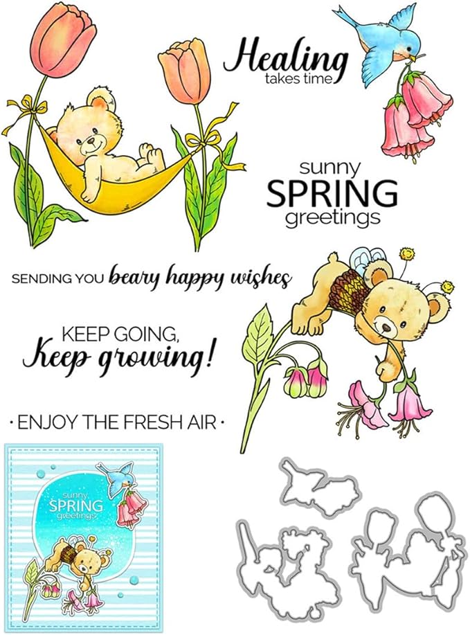 Spring Flower Bear Stamps and Cutting Dies for Card Making DIY Transparent Silicone Clear Stamp and Metal Die Cuts Sets for Scrapbooking Paper Greeting Cards Decor Seals Craft Supplies