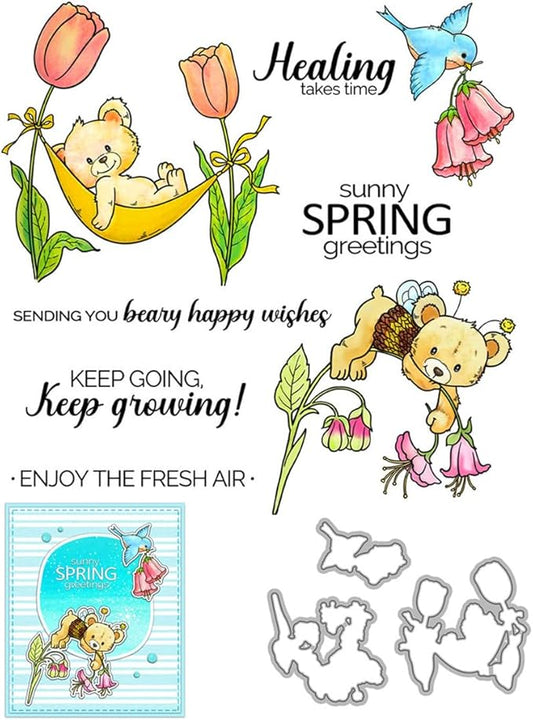 Spring Flower Bear Stamps and Cutting Dies for Card Making DIY Transparent Silicone Clear Stamp and Metal Die Cuts Sets for Scrapbooking Paper Greeting Cards Decor Seals Craft Supplies