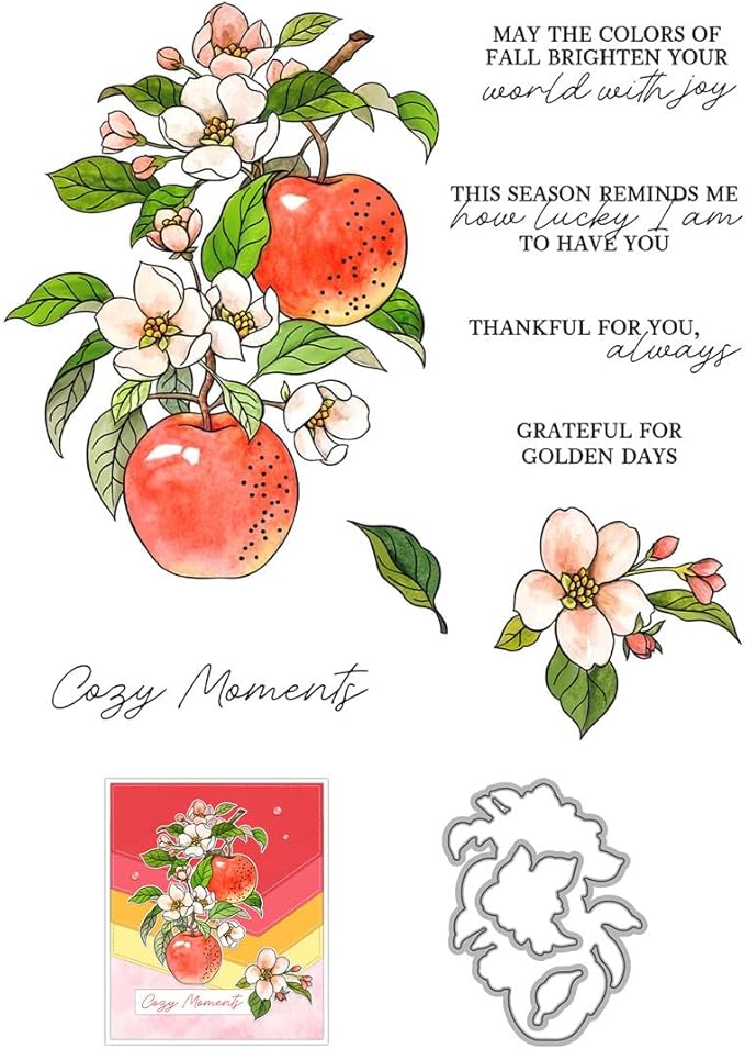 Fruit Flower Branches Stamps and Cutting Dies for Card Making DIY Transparent Silicone Clear Stamp and Metal Die Cuts Sets for Scrapbooking Paper Greeting Cards Decor Seals Craft Supplies