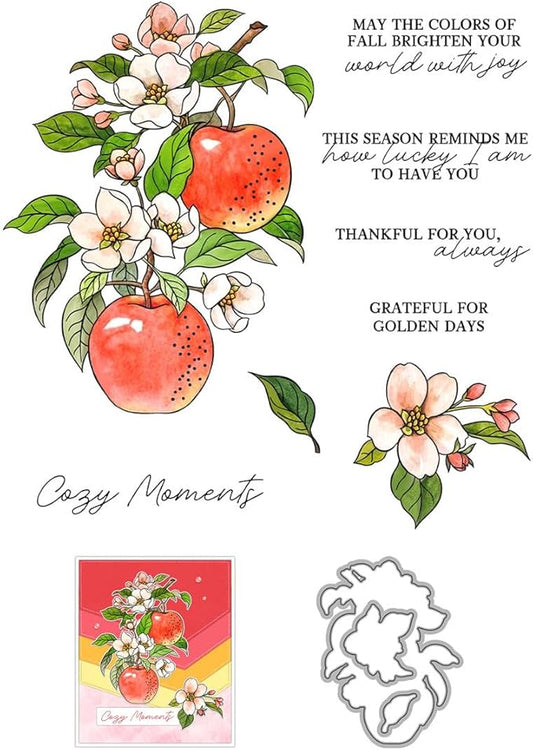 Fruit Flower Branches Stamps and Cutting Dies for Card Making DIY Transparent Silicone Clear Stamp and Metal Die Cuts Sets for Scrapbooking Paper Greeting Cards Decor Seals Craft Supplies