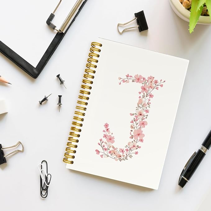 Pink Cute Spiral Notebook Journal, Preppy Floral Initial Letter J Personalized Journaling Notebooks, Monogrammed Gifts for Women Girls, Botanical Hardcover Spiral Lined Notebook 5.5 x 8.3