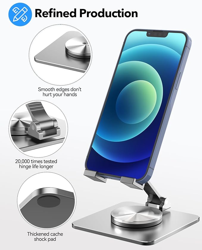 Cell Phone & Tablet Stand for Desk, Aluminum Adjustable Holder for iPhone, iPad & Smartphones || Foldable Mount with 360° Swivel, Stable Base & Portable Design for 4–9.7in Devices, Grey