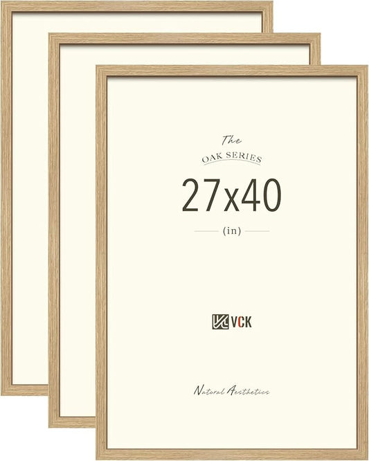 VCK 27x40 Oak Wood Frame for Poster & Picture, Natural Solid Wood Photo Frames Set of 3, Wall Gallery Frame