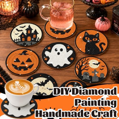 8 Pcs Halloween Diamond Art Coasters with Holder Ghost Pumpkin Craft Kit - Image 5
